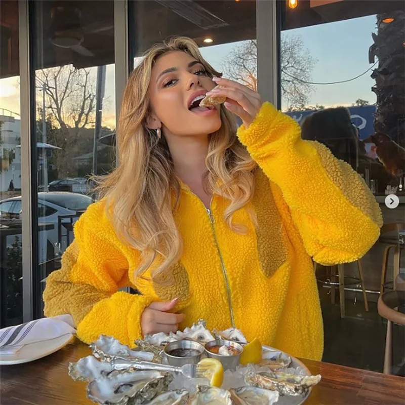 2022 winter fashion streetwear sherpa jackets for women orange cozy bomber jacket high street coat