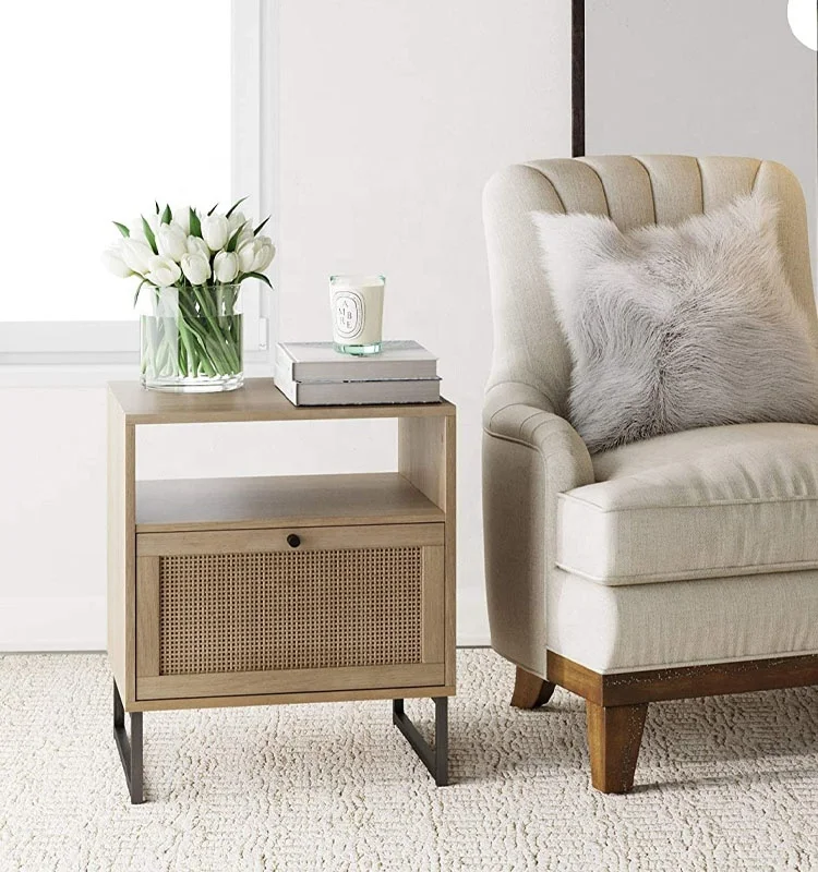 amazon hot sales customized wholesale rustic farmhouse wood and rattan side end table for living room