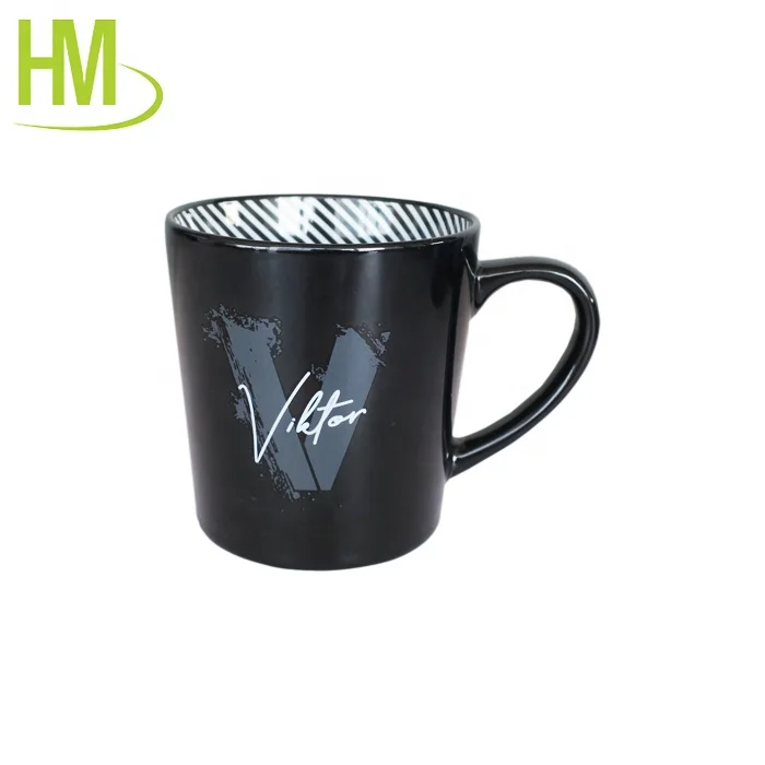 10 oz black glazed embossed funnel ceramic mug custom printed water coffee milk mugs with handle