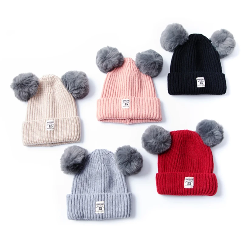 100% Acrylic personalized winter baby caps Custom woven label logo double pom double pom baby hat