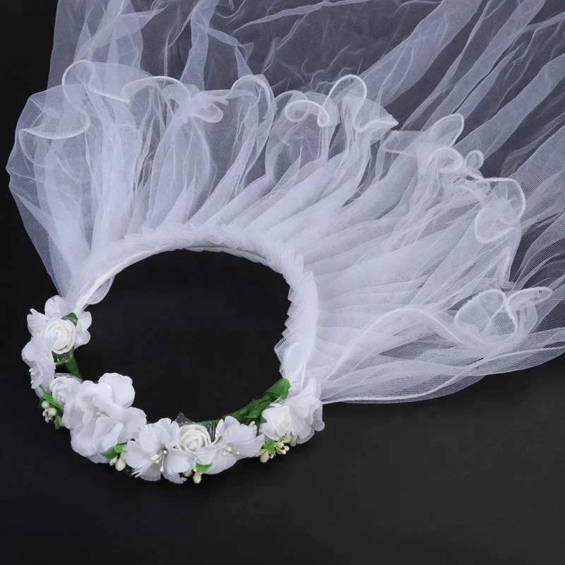 
Premium Amazon Hot Sell Girl Bridal Two Layers Veil With Flowers Hair Wreath Accessories For Wedding Party Decoration Supplies 