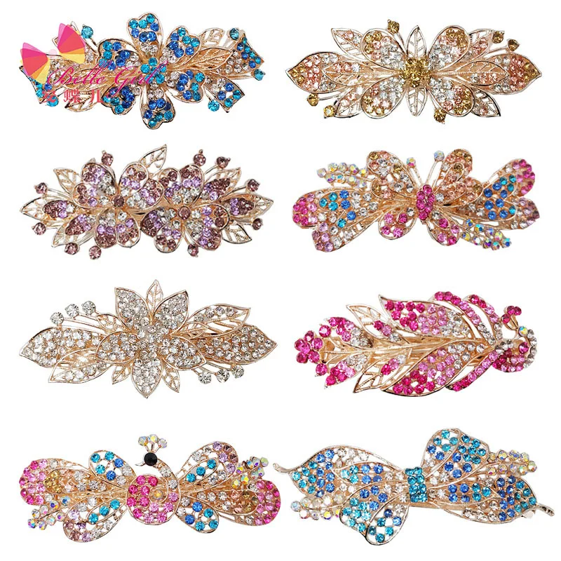 BELLEGIRL new design custom packaging hair accessories wholesale Korean women alloy rhinestone Gold plated bow spring hair clip