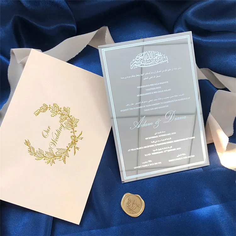 Золотая зеркальная Свадебная пригласительная открытка оптовая продажа акриловое приглашение роскошная шелковая печать