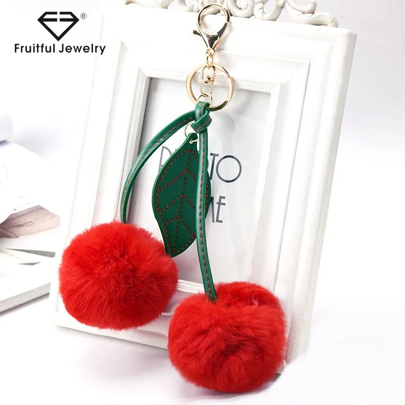 New Design Faux Rabbit Fur Ball Fruit Keychains Women Bag Charms Jewelry Cute Cherry Key Chain Pendant Leaf Keyring