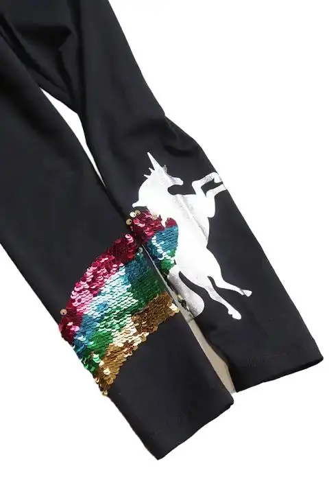 Детские облегающие брюки, черные леггинсы с блестками и радужным принтом единорога и фольги для девочек