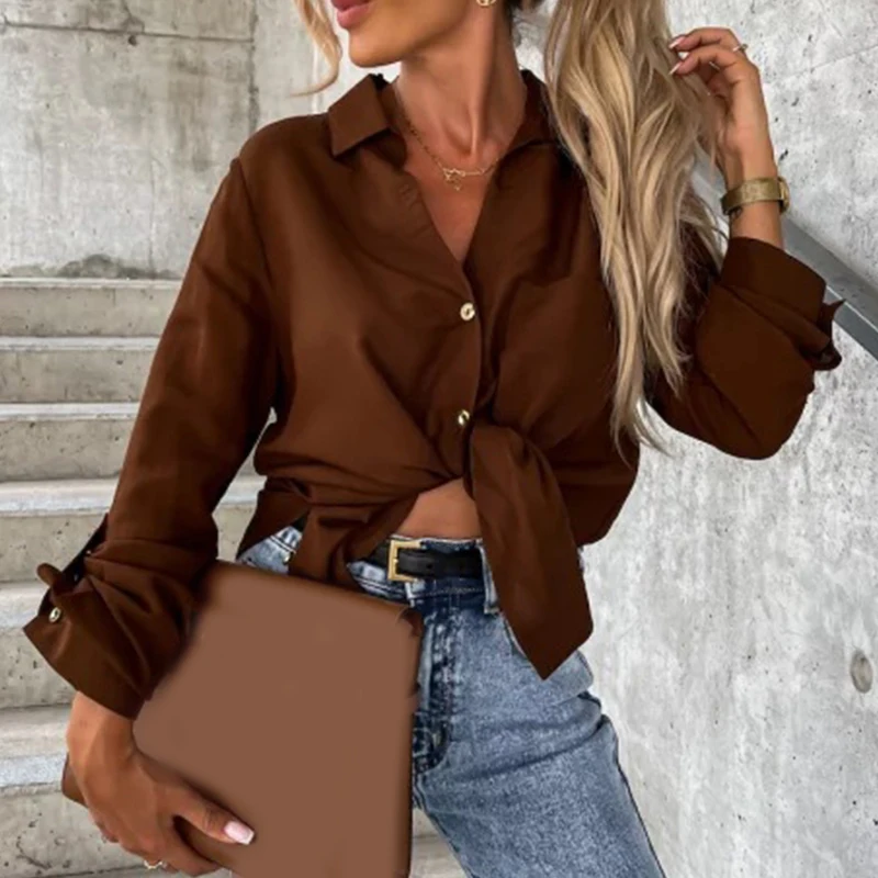 2025 Spring Casual Long Sleeve Loose Fit Button Up Collared Shirts Women