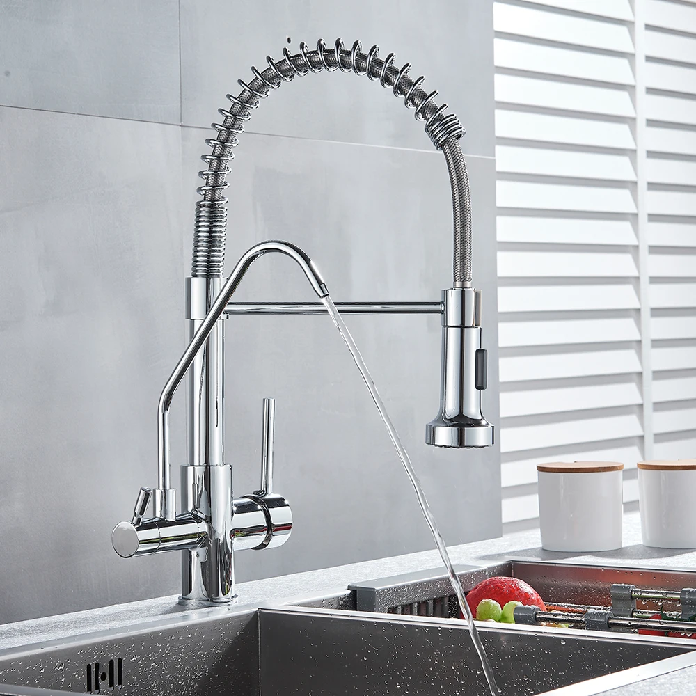 Chrome Filter Kitchen Faucet Dual Handle Purified Hot Cold Sink Tap 360 Rotation 2 Spouts Spring Faucet pure water Taps Crane