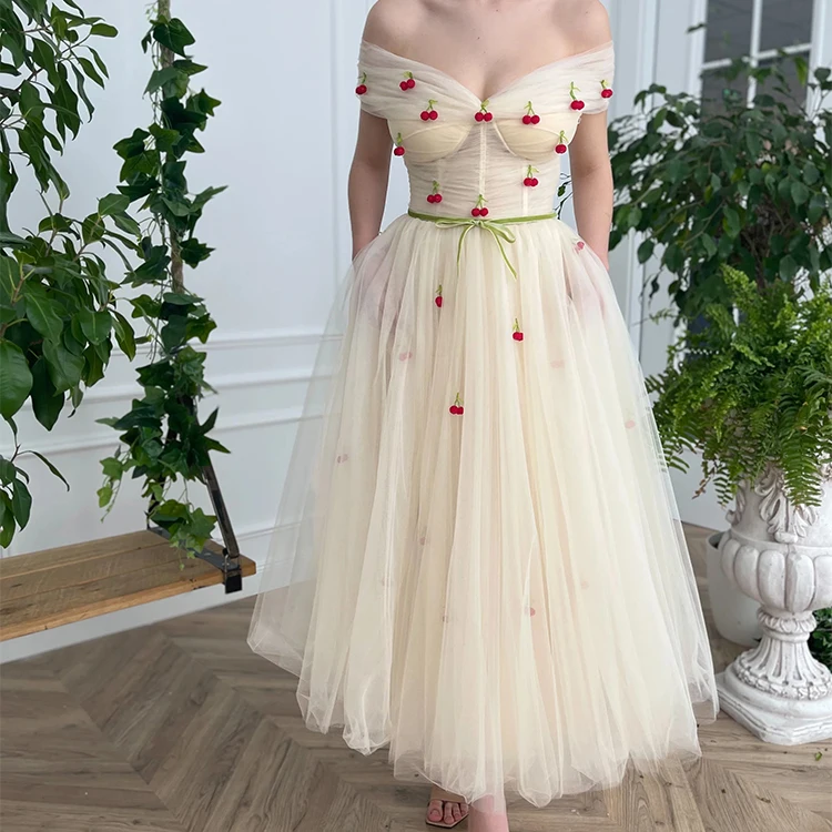 Off the Shoulder Sweetheart Tea Length Cherry Embroidered Women Long Maxi Dress Tulle Prom Dress with Belt