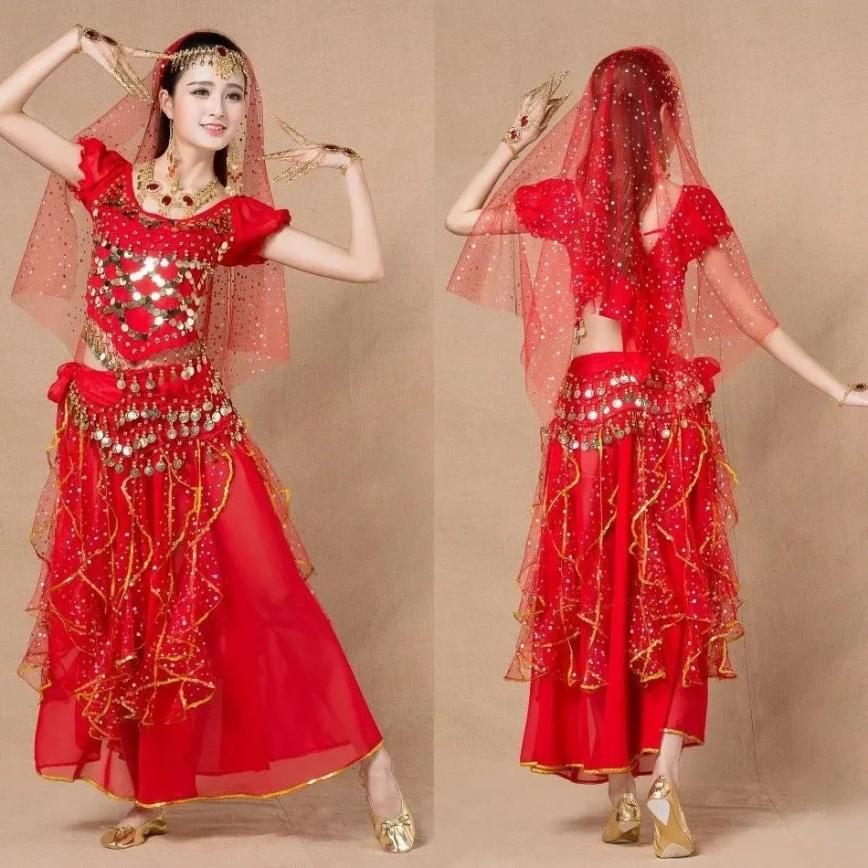 Xinjiang Indian dance costumes short-sleeved  New belly dance ethnic style colorful dot skirt suit for women