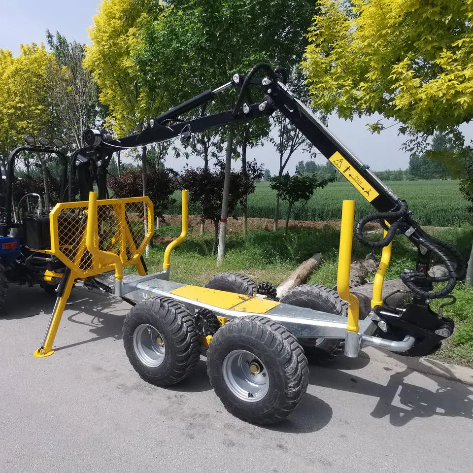 Hydraulic atv farm tractor log timber wood trailer with crane grapple remote control winch for forestry machinery