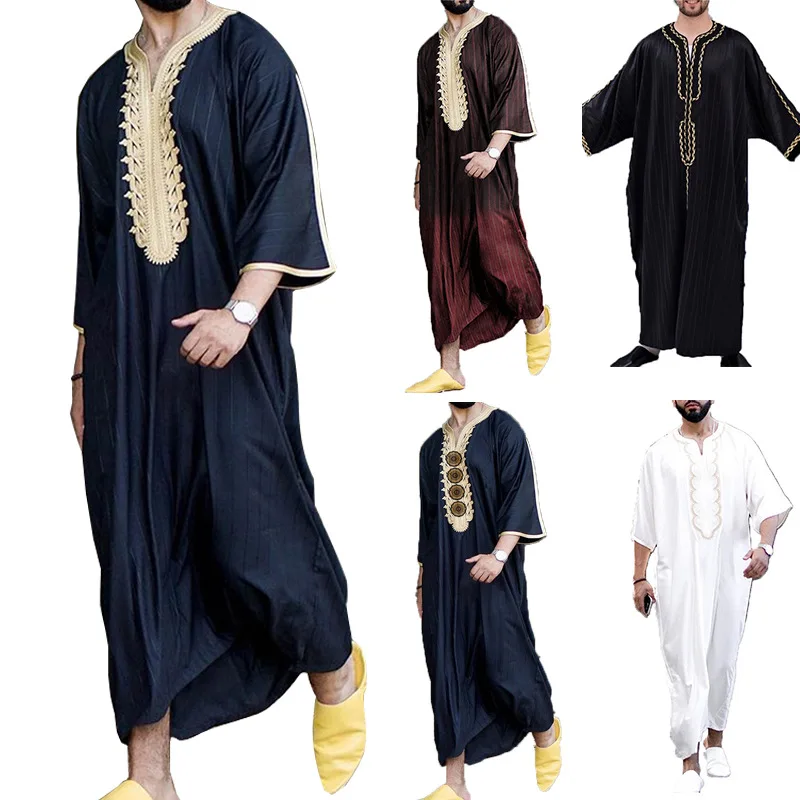 Islamic Mens Clothing Kaftan Maxi-Muslim Male Shirt Long Sleeve Abaya Dubai
