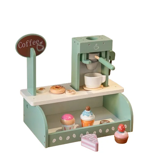 New Arrival Hot sale role play wooden coffee machine with tea and cake set toy for kids