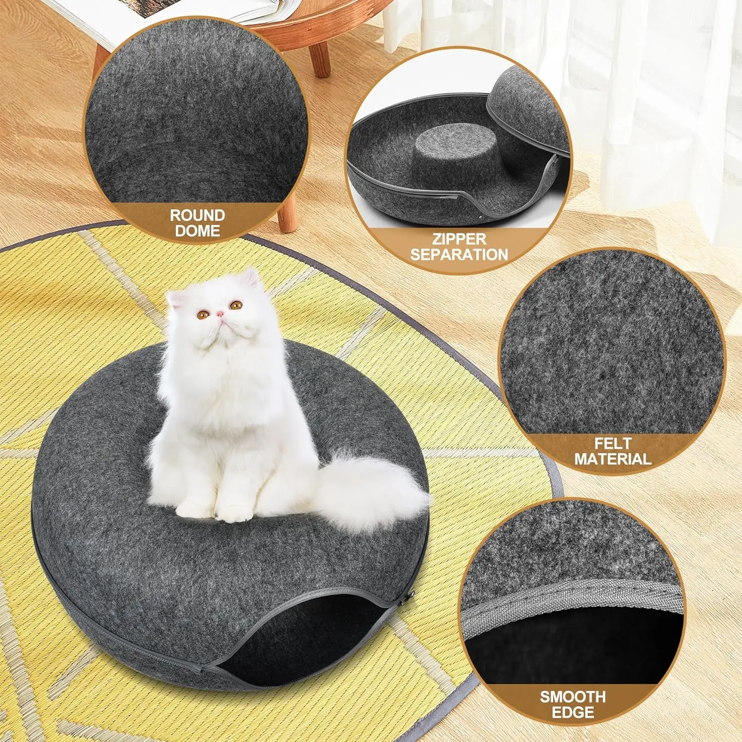 Detachable Round Felt Washable Interior Cat Play Tunnel Bed Cave For Indoor Cave For Small Dogs Pets