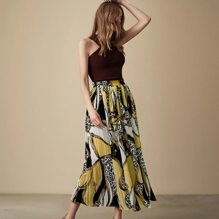 Summer Beach Boho Printing Casual Maxi Dresses Chiffon Skirts women Pleated Ladies Long Skirt for Women Falda Larga De Modelos