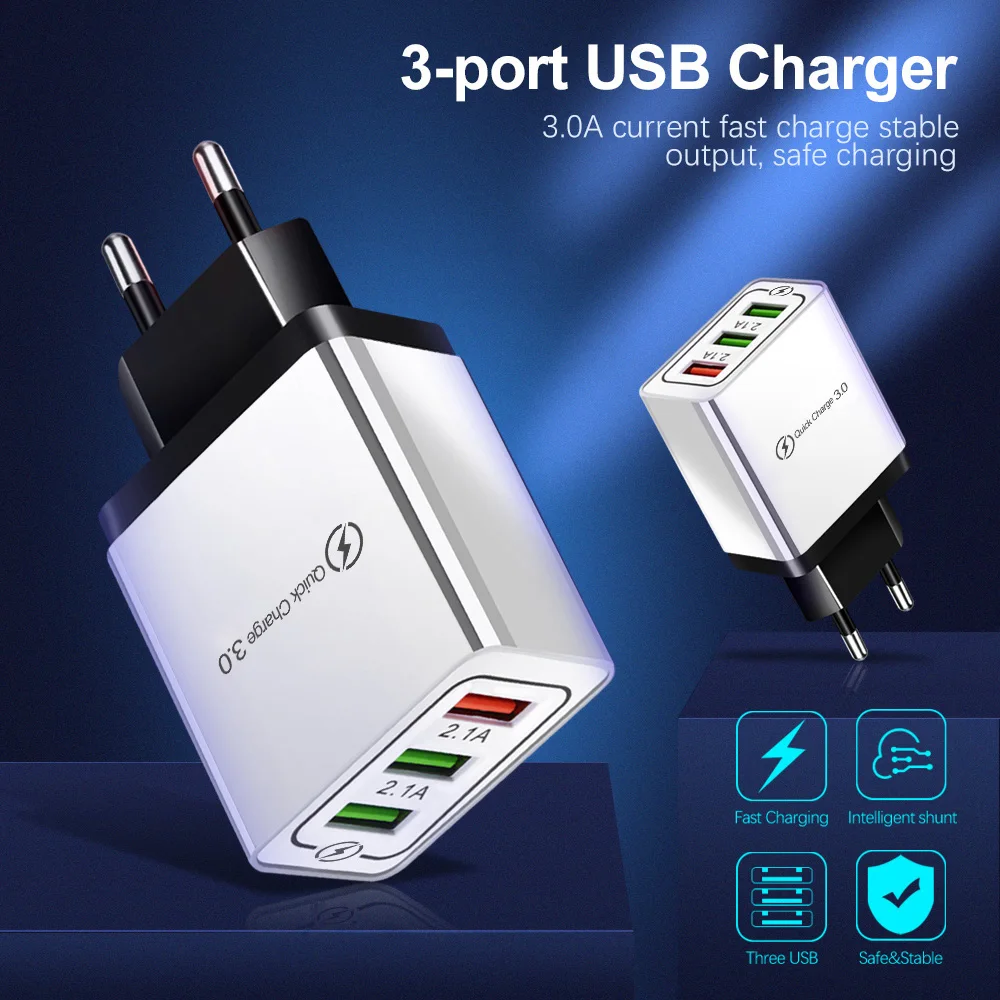 QC3.0 быстрое настенное зарядное устройство с тремя Usb-портами для ЕС и США, портативный Дорожный комплект, умная Зарядка для Samsung, Iphone