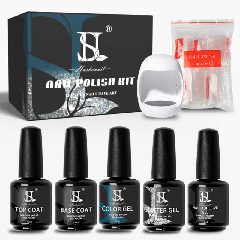 HS Manicure Nail Tips And Glue Gel Polish Kit Custom Logo Nail Gel Polish Set With Lamp