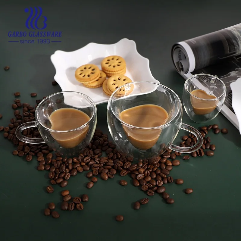 New Design Insulated Heart Shape Double Wall High Borosilicate Glass with Handle Coffee Mug Tea Espresso Glass Cup