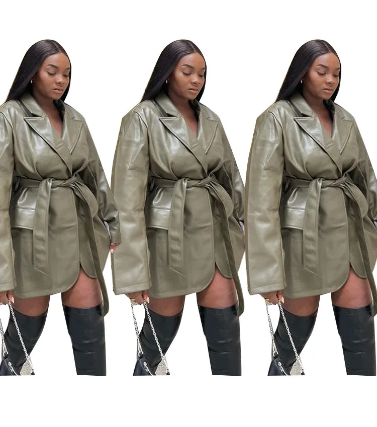 H2503 sexy PU leather young women Korea fancy army green stand collar long sleeve belt ladies fashion coat