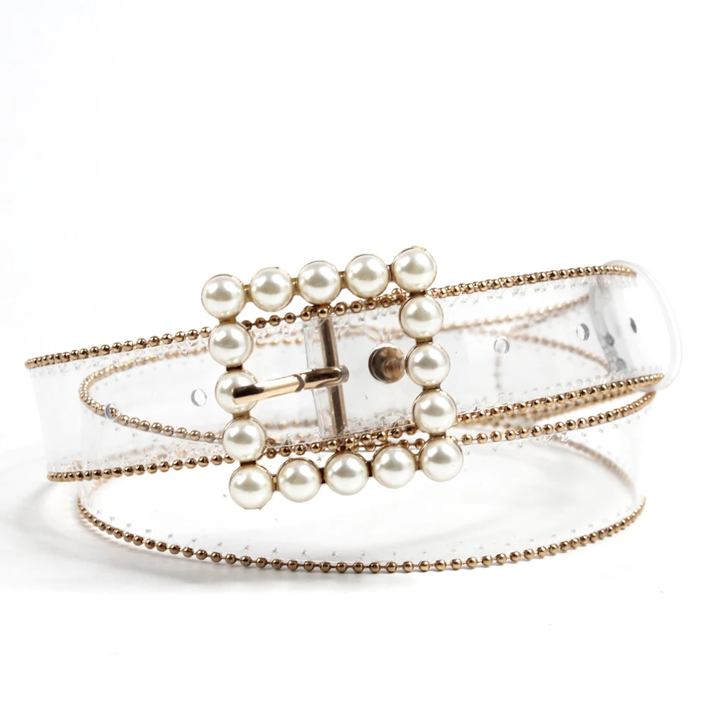 Fashion Pearl Rhinestone Pin Buckle Waist Belt Resin Plastic PVC Clear Transparent Belts for Women