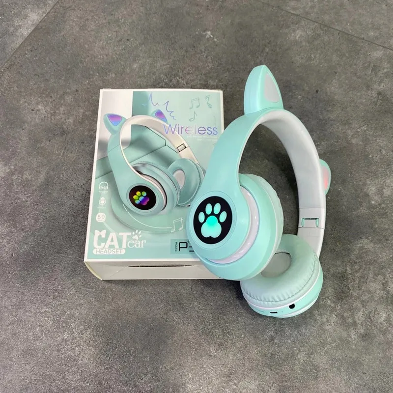 P33M Colorful Glowing Cute Cat Ear Headphones Blue tooth 5.0 Bass Noise Cancelling Headset Support TF Card Headset With Mic