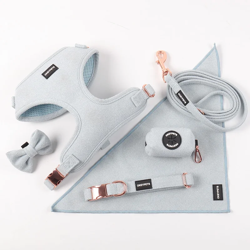 Printed Comfort Sublimation Designers Blue Twill Tweed Pet Dog Harness Leash And Collar Private Label Best Dog Harness