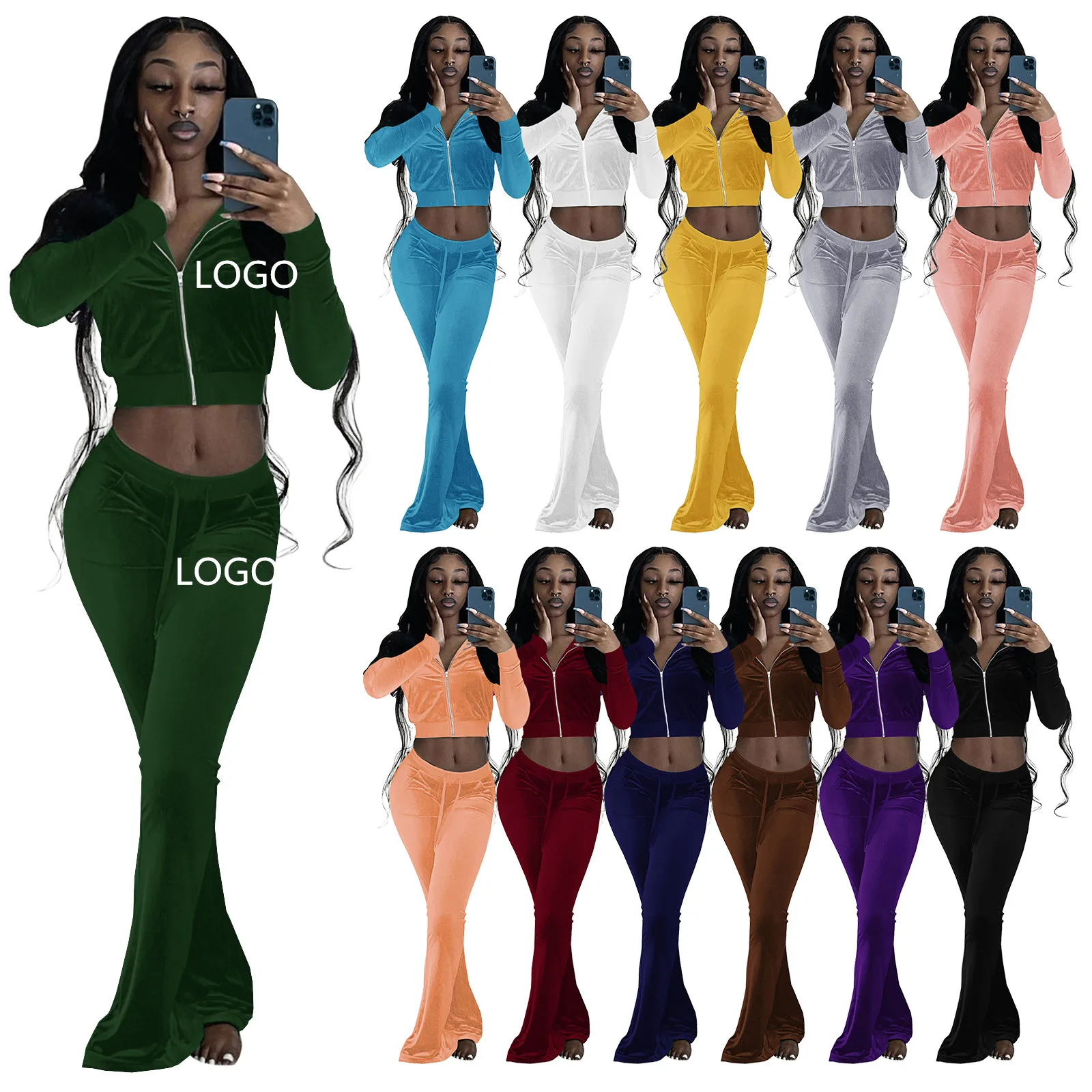 Autumn Sweatsuit Women Velvet Outfits Fall Long Sleeve Crop Top Sweat Pant Sets Two Pieces Set Velvet Velour Tracksuit For Women