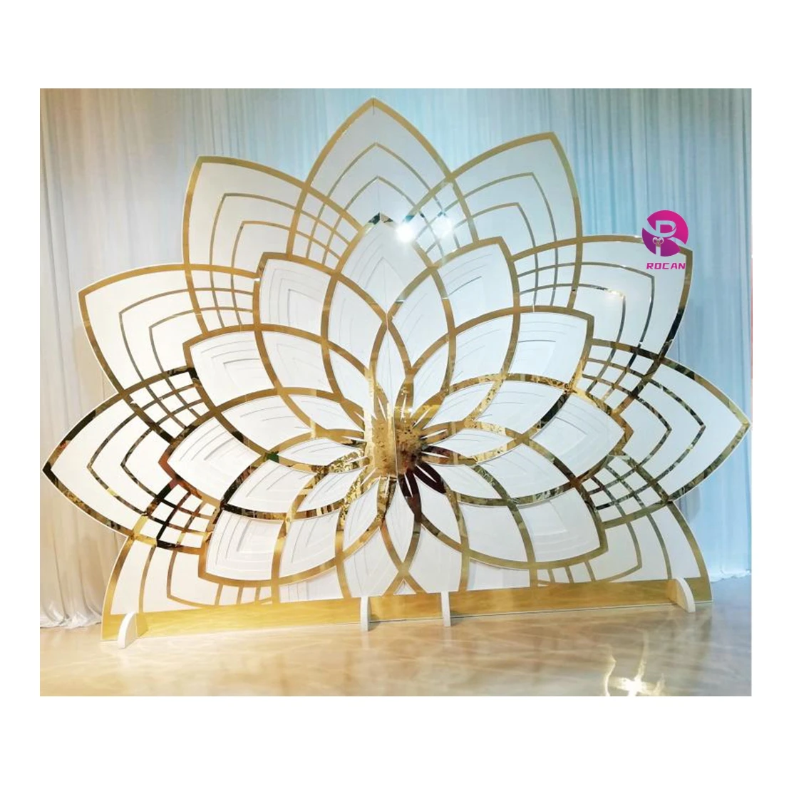 Luxury White Mirror Surface Gold Trim acrylic wedding stage lotus backdrop Flower Backdrop Wedding Background