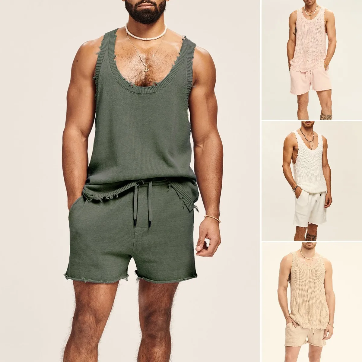 Hot 2024 Custom Logo Knitted Vest Shorts Two Piece Tracksuit Plus Size 5XL Mens Sleeveless Summer Sweatshirts Set