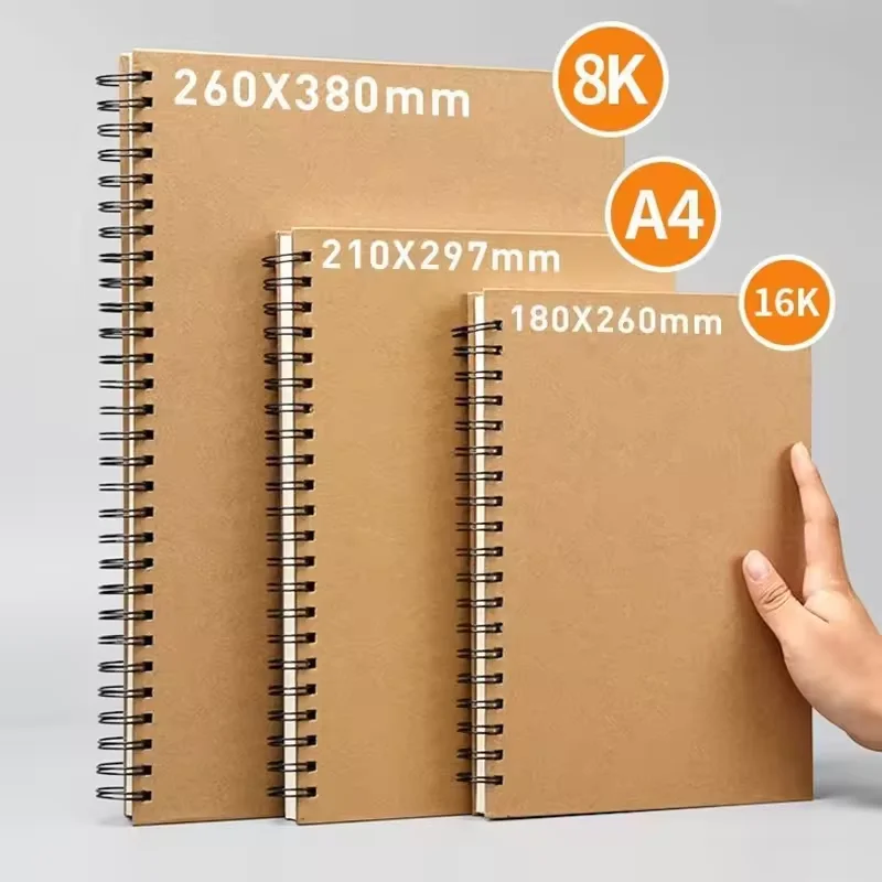 60 Sheets 160gsm Thicken Paper Hardcover Sketchbook OEM ODM Portable A3 A4 A5 Brown Wire Bound Kraft Sketchbooks