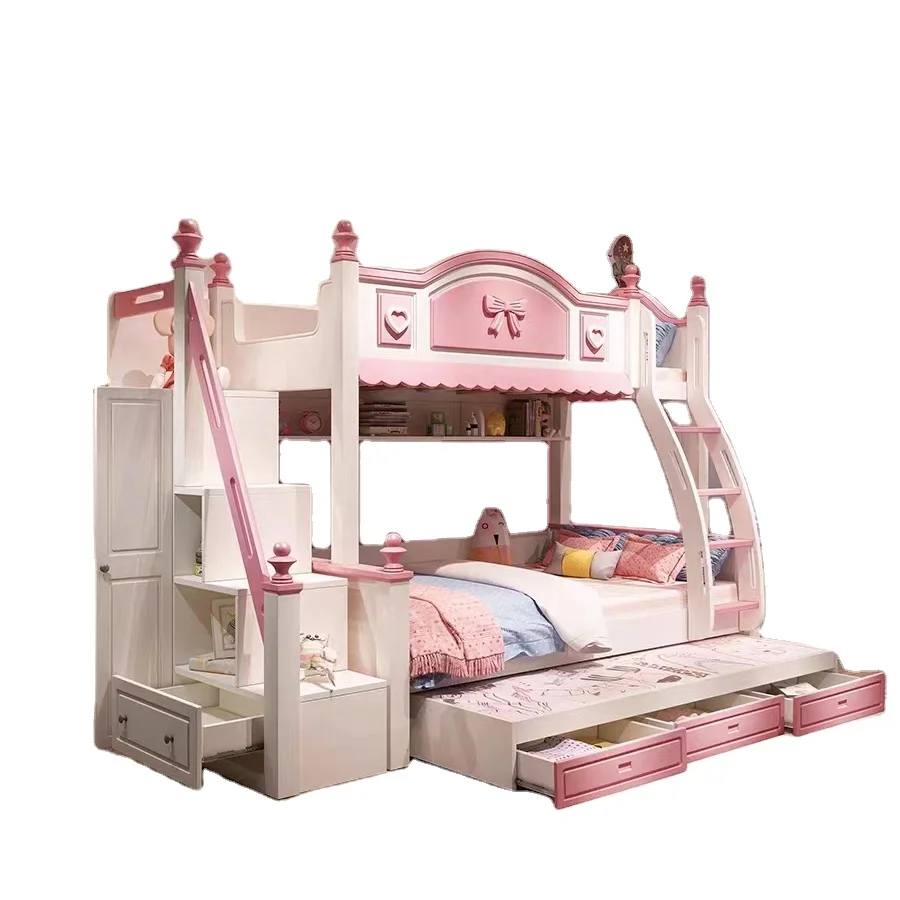 Princess castle children beds girl bunk kids bed set furniture with slide girls pink bunk bed