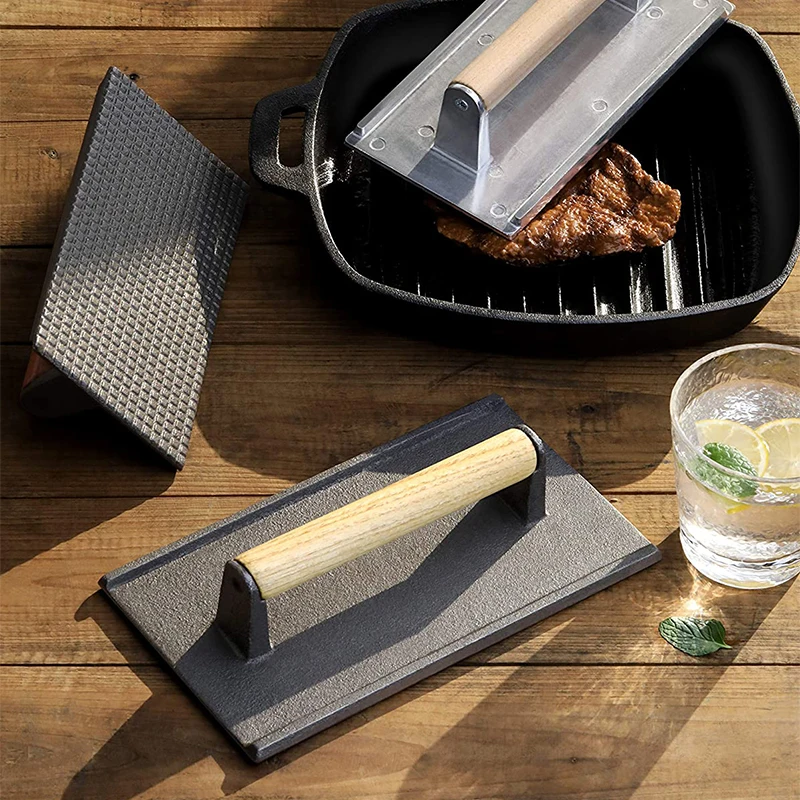 Custom Wood Handle Hamburger Patty Maker Metal Meat Press Stuffed Steak Burger Press Bacon Presser BBQ Cast Iron Grill Press