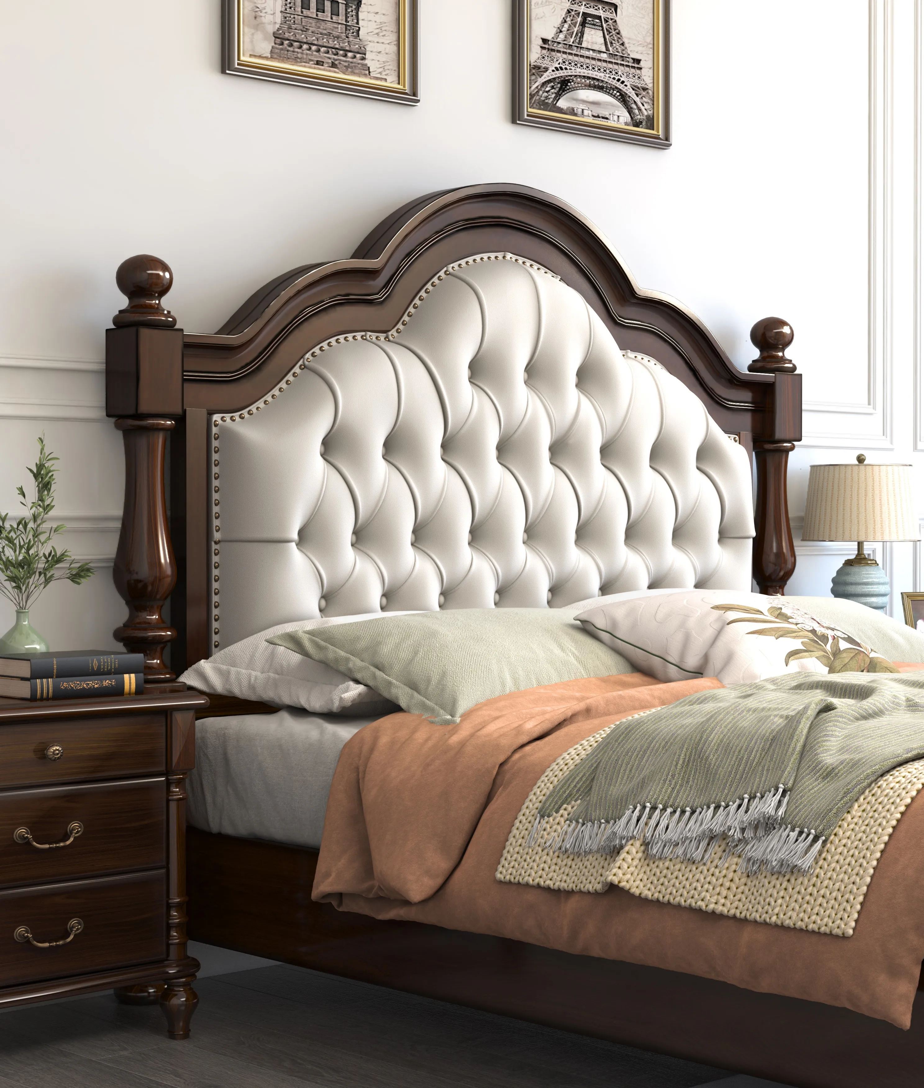 Cowhide Leather Solid Wood King Size Beds Queen Size Wooden Bedroom Furniture Classic Home Storage 1.8m Bed Set