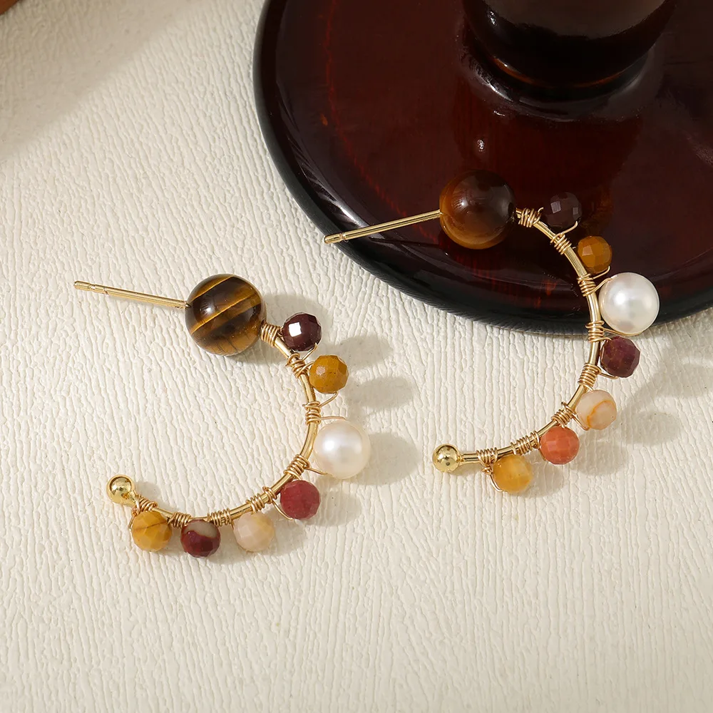 tiger eye stone copper wire winding handmade freshwater pearl tarnish free stud earrings women