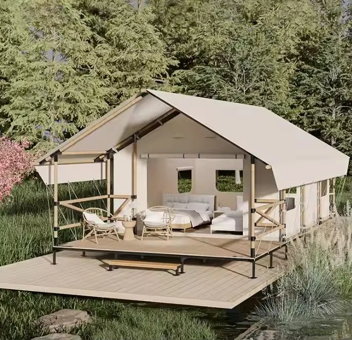 Home Luxury Canvas Glamping Wooden Style waterproof canvas tarpaulin luxury glamping outdoor living safari tent With Bathroom