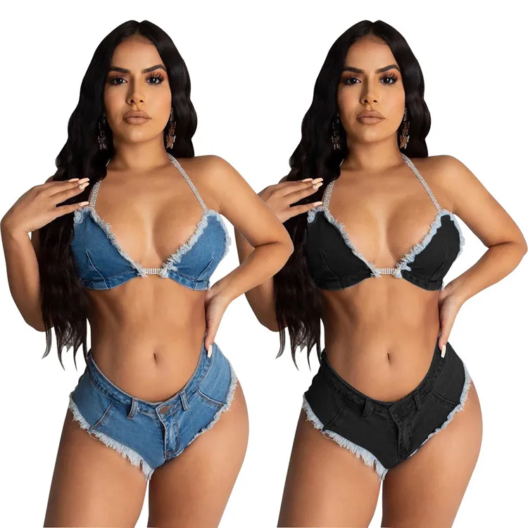 Distressed Denim Women 2 Piece Set Spaghetti Straps Bikini Bra Short Jeans Side Tassel Bottom Denim Shorts Beach Wear