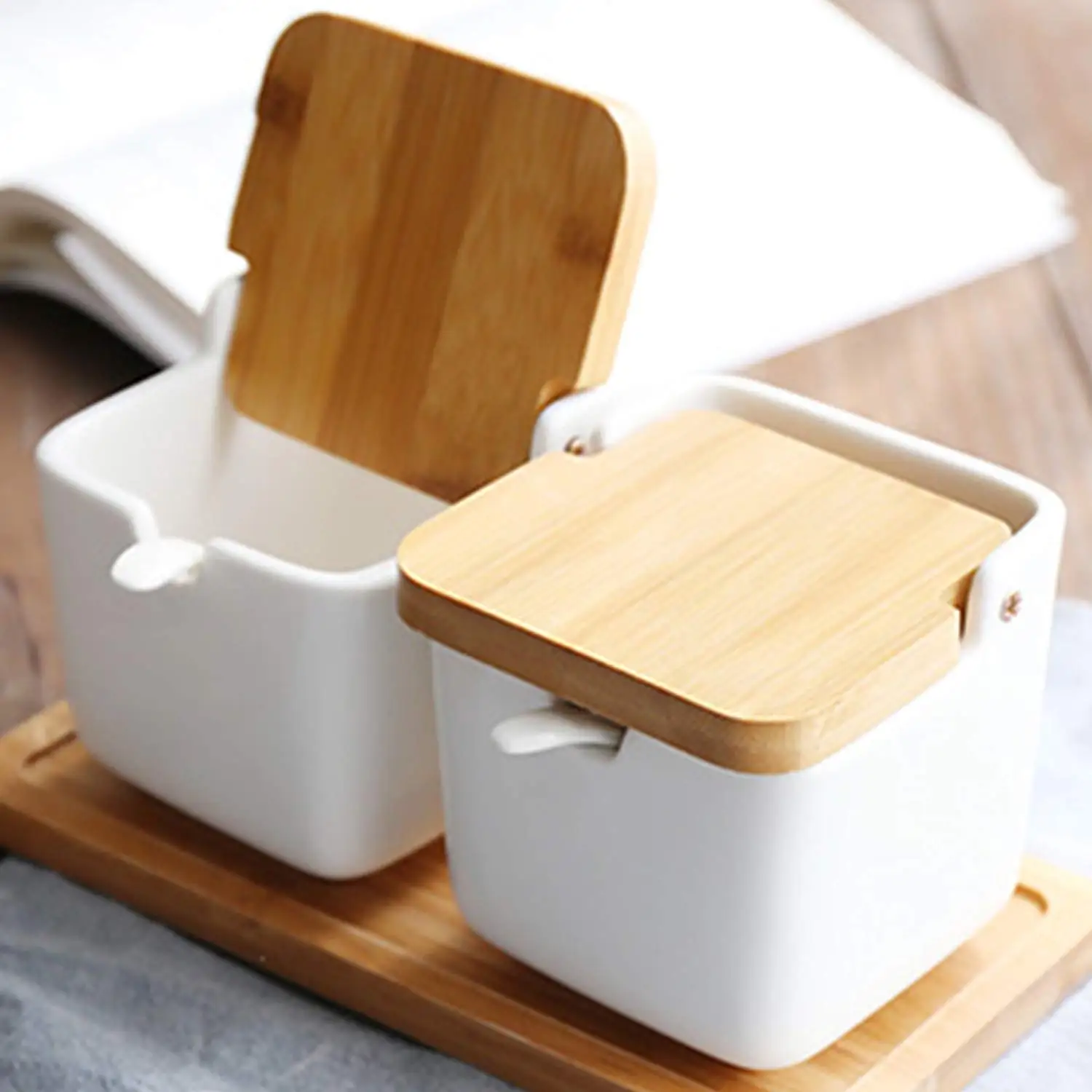 French Square Ceramic seasoning Bottles empty Spice Jars with bamboo Lids Condiment Seasoning Pots Set