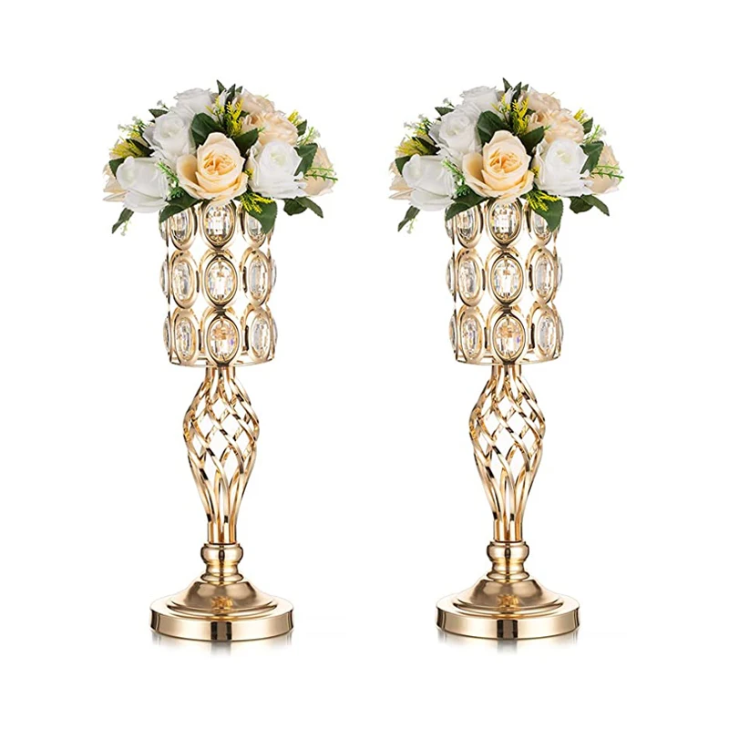 Metal Diamond Crystal Wedding Centerpiece Vases for Tables, Gold Versatile Tall Flower Holders Centerpiece Flower Stands