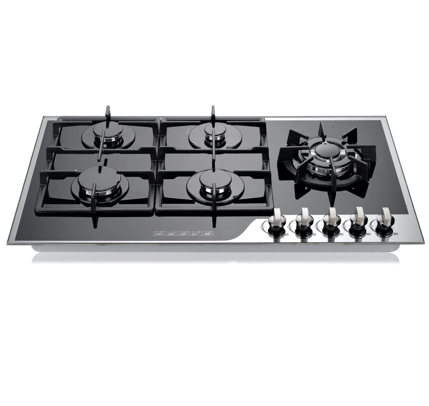 
90cm Meet with great favor abroad Black tempered glass 5 burners cast iron gas stove 