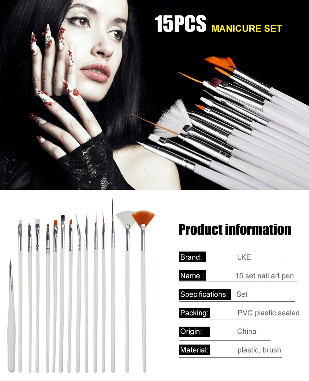 15pcs Nail Art Brushes Set Dotting Tools White Decorations Gel Painting Pen Nail Brush Nail Equipment Drawing Tool