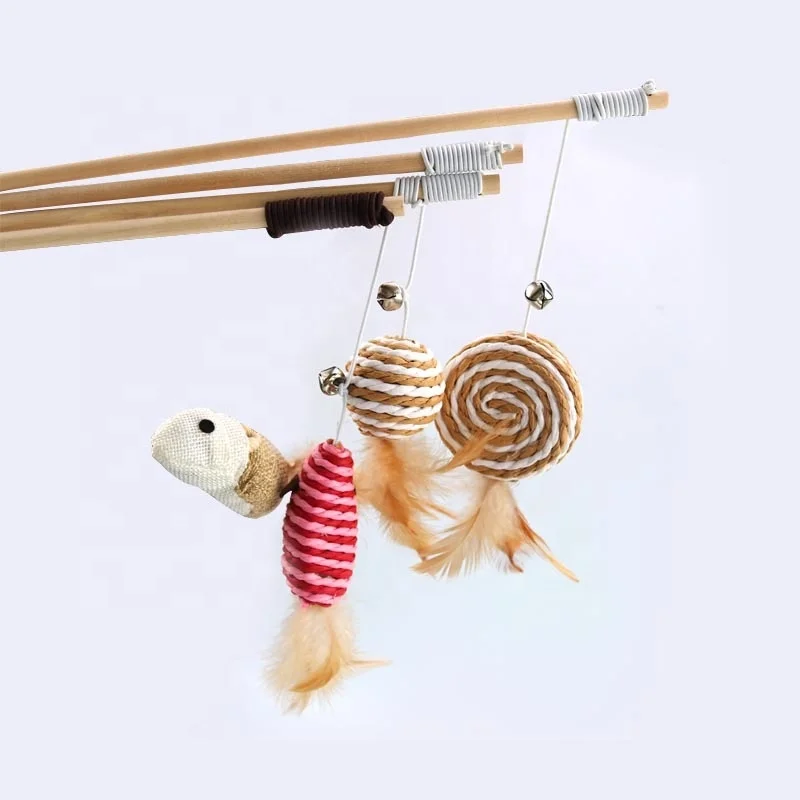 Having Fun Exerciser Playing Cat Toys Natural Wood Cat Teaser Wand Toy