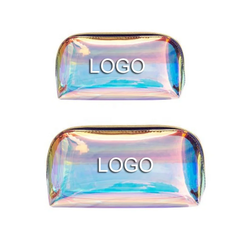 Low MOQ Custom Logo Clear Transparent Makeup Bag Pouch PVC Holographic Cosmetic Bags For Women