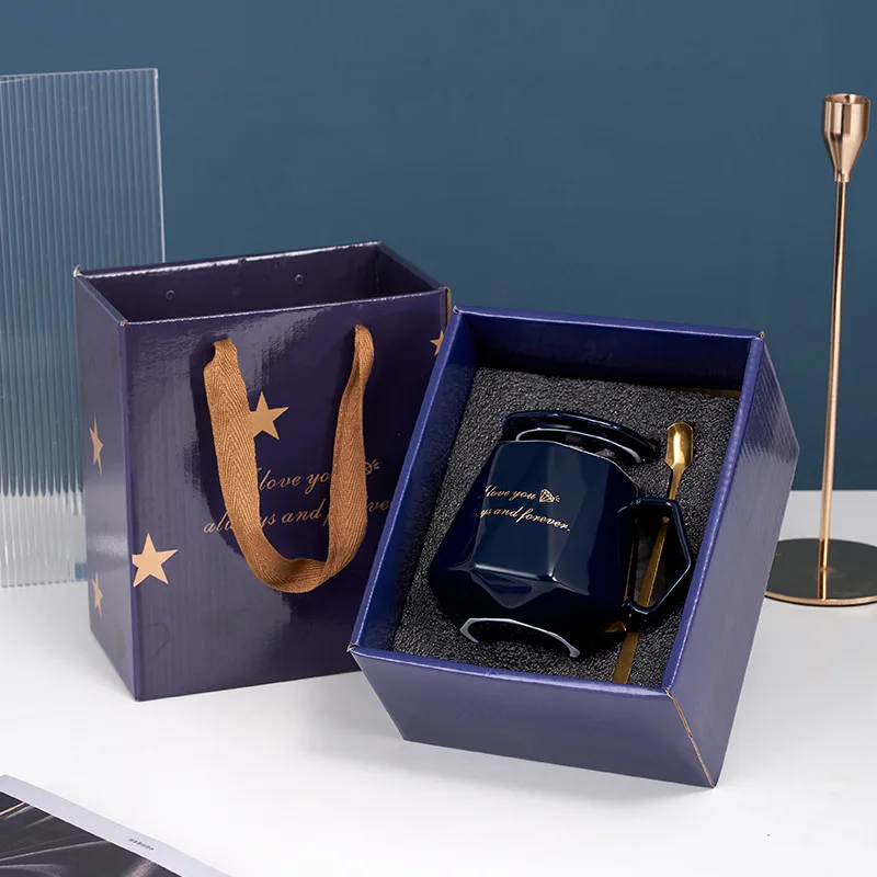 Hot Selling Spot Simple Diamond English Mug Coffee Cup With Cover Spoon Hand Gift Ceramic Cup Gift Box Customizable Logo