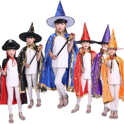 Halloween Costumes Witch Wizard Cloak Cape Robe with Pointy Hat for Kids Halloween Props Set Cosplay Birthday Party Supplies