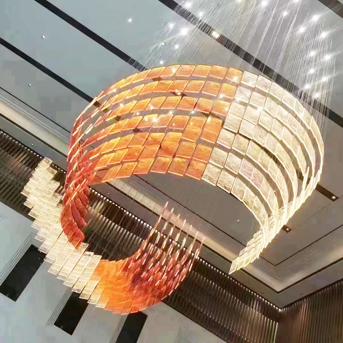 Hotel lobby custom hand-fired golden small square pendant ceiling art glass chandelier