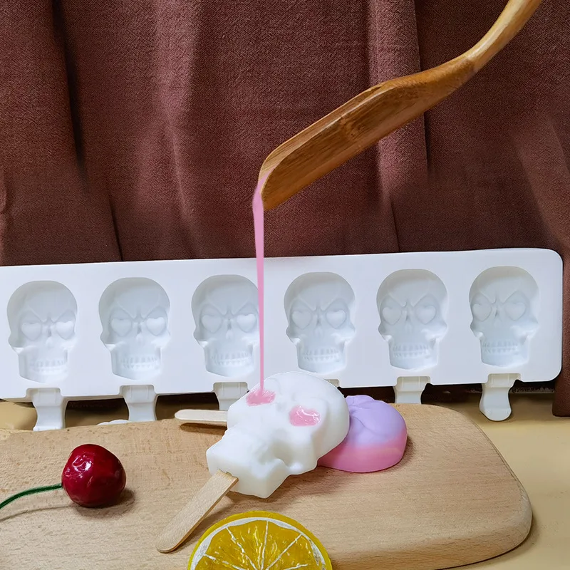 3D Diy skulls Popsicle ice cream silicone mold mould Six squares with cover and ice cream Household Home-made popsicle ice cream
