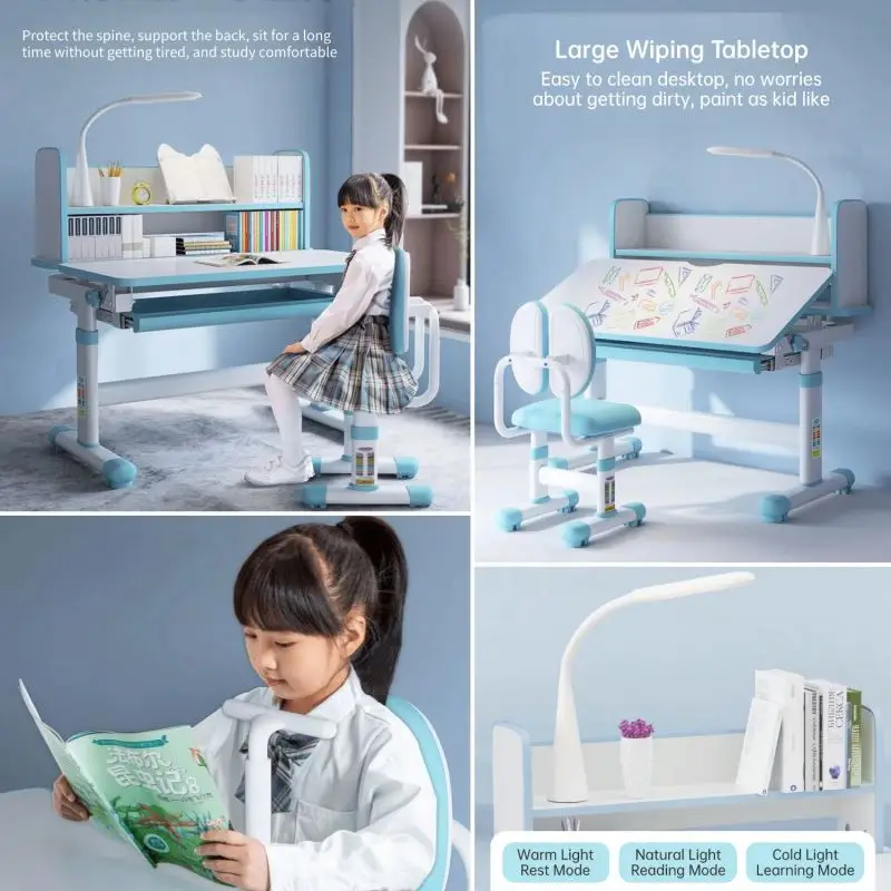 Children Desk and School Workstation Functional Writing Chair Set Ergonomic Kids Study Table with Tilt Desktop