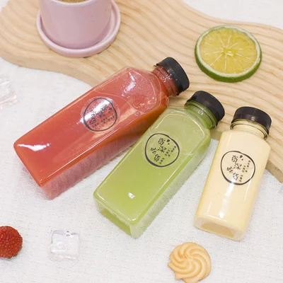 Wholesale Clear 8oz 12oz 16oz Empty Square Food Grade Beverage Packaging Plastic Juice Bottle With Cap for Business