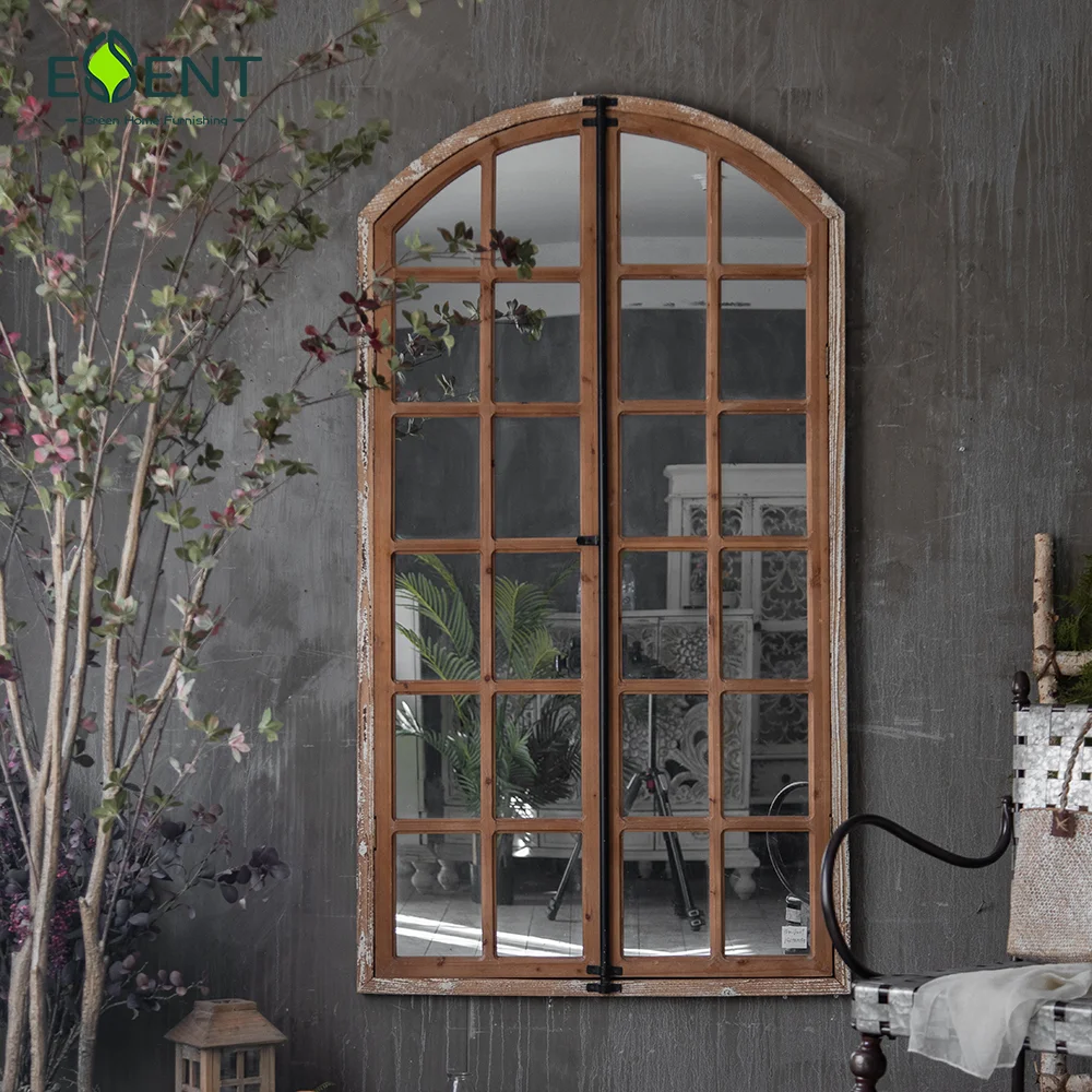Essent Farmhouse Arched Mirror Solid Wood Window Decorative Wall Mirrors For Living Room Home Decor Mirror