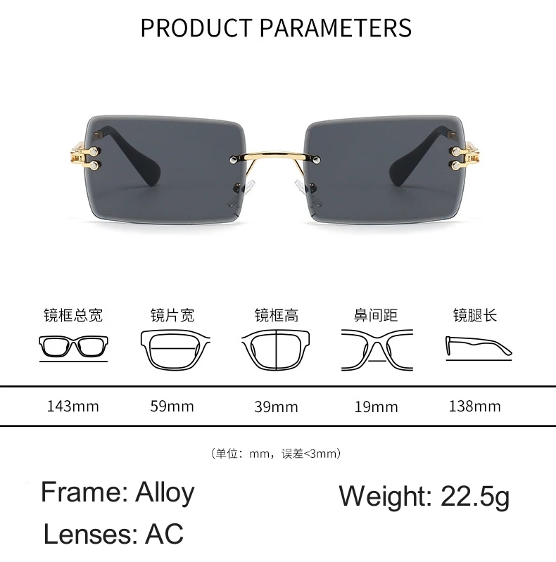 free pouch cleaning cloth frameless square alloy frame silicone nose pad gradient lenses UV400 fashion sunglasses