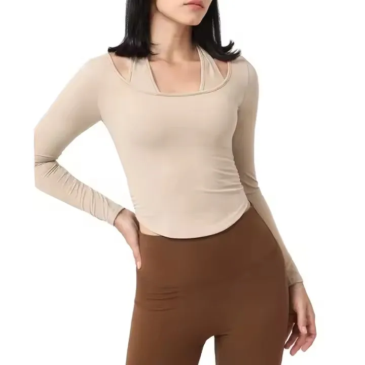 The New Yoga Clothes with Chest Pad Female Running Sports Tight T -Shirt Long -Sleeved Hanging Neck Fitness Clothes Top